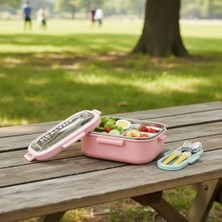 2 Katlı 4 Bölmeli Paslanmaz Çelik Yemek Kabı 18/10 (304 Kalite) Çelik Iç Hazneli, Sızdırmaz Termal Yemek Termosu | Çatal Kaşık Dahil, Sağlıklı ve Taşınabilir Bento Box (Yeşil)