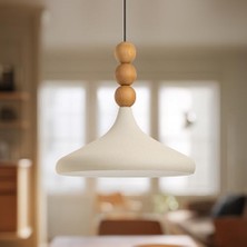 Tekli Ahşap Boncuk Detaylı Sarkıt Aydınlatma, Metal Sıvama, Ev, Ofis, Cafe, Restoran Avizeleri, E27 Duy (Dokulu Krem)