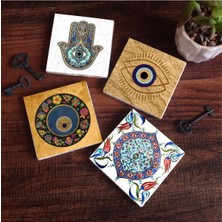 Nazar, Çini Sanatı, Fatma Ana Eli  Taş Bardak Altlığı Seti - 4 Parça - Dekoratif, Rustik Mutfak Aksesuarı, 10X10 Cm, Kaydırmaz Tabanlı, Şık ve Dayanıklı SC508