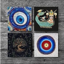Nazar, Hayat Ağacı, Şahmeran Taş Bardak Altlığı Seti - 4 Parça - Dekoratif, Rustik Mutfak Aksesuarı, 10X10 Cm, Kaydırmaz Tabanlı, Şık ve Dayanıklı SC379