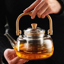 Bambu Saplı Dayanıklı Borosilikat Cam Süzgeçli Demlik 1000ML, Dayanıklı Cam Bitki Çayı Demliği 1000ML