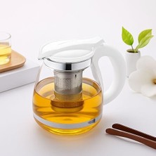 Cam Çaydanlık Paslanmaz Çelik Filtre Kolu Dayanıklı Cam Çaydanlık Süzgeçli French Press Cam Demlik + Çay Süzgeci Beyaz Kapaklı
