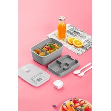 3194 Vakumlu Kendinden Kaşık Çatallı Sosluklu Bölmeli Beslenme Çantası- 2 Katlı Lunch Box-Sefer Tası
