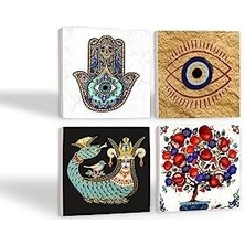 Nazar, Şahmeran, Nar Ağacı, Fatma Ana Eli  Taş Bardak Altlığı Seti - 4 Parça - Dekoratif, Rustik Mutfak Aksesuarı, 10X10 Cm, Kaydırmaz Tabanlı, Şık ve Dayanıklı SC506