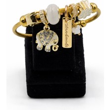 Pangu Fil Figürlü, Taşlı Altın Renk Çelik Charm Bileklik