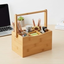 Bambu Taşıma Kulplu Çok Amaçlı Düzenleyici - 6 Bölmeli Çatal Bıçaklık | Ofis, Banyo ve Masaüstü Caddy Organizer (21.6X14X12.7 Cm)