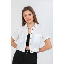 Meecy Kadın Beyaz Cepli Kısa Kollu Yazlık Keten Viskon Ceket