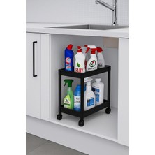 Pro 2 Katlı Siyah Tekerlekli Çok Amaçlı Banyo & Mutfak Düzenleyici Raf – Evye Altı Deterj Siyah 40 x 35