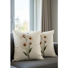 Nakış Desen Dijital Baskılı Dekoratif Papatya Desenli Kadife Kırlent Kılıfı, 2'li Set, Krem Zemin, Dijital Baskılı