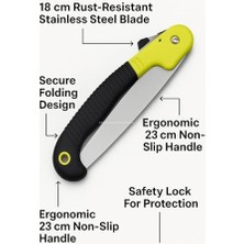 Katlanır Budama Testeresi, 18 cm Paslanmaz Çelik Bıçak, 23 cm Kaymaz Ergonomik Sap, Güvenlik Kilitli, Ağaç Dalı Kesim ve Bahçe Kullanımı Için Pratik El Testeresi