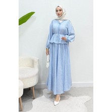 Tesettür Diyarı Natia Dantelli Keten Kumaş Astarlı Tesettür Takım- Bebe Mavisi