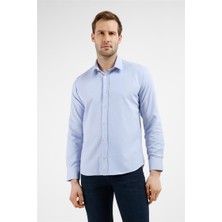 İmza Beyaz - İndigo Mavi Çizgili Desen Sert Yaka Uzun Kol Cepsiz Slim Fit Pamuklu Gömlek 1004255282