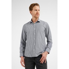 İmza Siyah - Beyaz Çizgili Desen İtalyan Yaka Uzun Kol Cepsiz Slim Fit Pamuklu Gömlek 1004255217