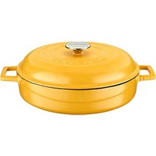 Metal Spring Serisi - Döküm Çok Amaçlı Tencere, Yuvarlak, 28 Cm, Mat, Parlak Siyah Taban, Sarı, Kubbe Kapak