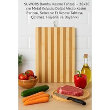 Bambu Kesme Tahtası – 26X36 cm Metal Kulp­lu Doğal Ahşap Kesim Panosu, Sebze ve Et Kesme Tahtası, Çizilmez, Hijyenik ve Dayanıklı