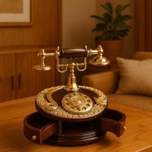 Lüks Retro Altın Döner Telefon Figürlü Kurmalı Müzik Kutusu – Nostaljik Antika Görünümlü Melodili Masa Üstü Dekor