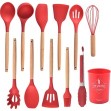 Premium Silikon Mutfak Gereçleri Seti, Kaliteli Ahşap Saplı, 11 Parça, Standlı (Kırmızı)