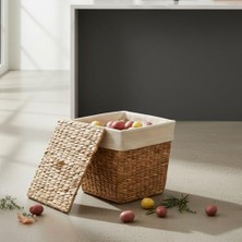 Su Sümbülü Patates Soğan Kovası | Doğal Hasır Saklama Sepeti | El Yapımı Kare Şekilli Mutfak Düzenleyici | Dekoratif Sebze Kovası (25X25X30CM)