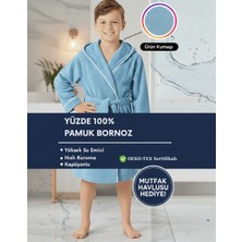 Layvera Çocuk Bornoz | %100 Pamuklu-Turkuaz-Yumuşak Doku-Kapüşonlu-Cepli-Biyeli