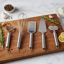 Paslanmaz Çelik 5’li Mutfak Seti, Paslanmaz Çelik Rende, Çırpıcı, Soyucu, Servis ve Hamur Kesici