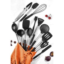 Mora 14 Parça Silikon Uçlu Spatula Mutfak Seti - Siyah