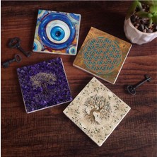 Nazar, Yaşam Çiçeği, Hayat Ağacı Taş Bardak Altlığı Seti - 4 Parça - Dekoratif, Rustik Mutfak Aksesuarı, 10X10 Cm, Kaydırmaz Tabanlı, Şık ve Dayanıklı SC466