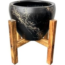 Bitki Tasarımı Ev Dekorasyon Siyah Üzeri Mermer Efektli Toprak Saksı Saksılık Salon Çiçeklik 4 Ayaklı - 15 cm