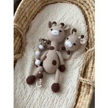Florije Baby Amigurumi Sevimli Zürafa Uyku Arkadaşı Çıngırak Emzik Zinciri Set Organik Oyuncak Kahve