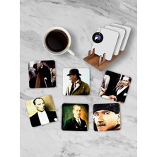 (PSTER21275) Atatürk Standlı Ahşap Bardak Altlığı Seti, 6 Adet Baskılı Bardak Fincan Kahve Altlığı