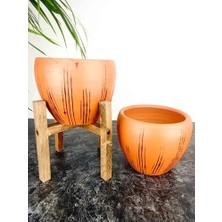 Bitki Tasarımı Ev Dekorasyon Siyah Çizgi Desenli Terrakota Toprak Saksı Saksılık Salon Çiçeklik Ikili Set Ayaksız - 4 Ayaklı- 15 cm