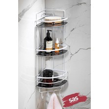 3 Katlı Kancalı Yapışkanlı Banyo Köşe Rafı – Ayarlanabilir Kristal Raf (Yapıştır/vidala) Beyaz-Siyah - Lk-03 - Bsbk
