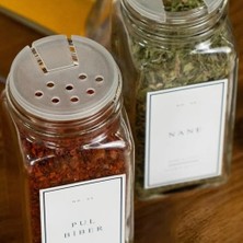 Baharat Kavanoz Seti – 12’li Kare Cam Kavanoz, Siyah Kapak & Etiketli Baharat Organizer Seti