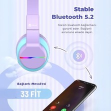 LED Işıklı Güvenli Ses Sınırlı 85 Saat Oynatma Süreli Bluetooth Çocuk Kulaklığı Lila Mavi