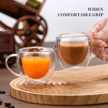 Çift Katmanlı Cam Kupa Bardak 250 ml Lüx Çift Cidarlı Kupa - Termos Bardak - Iki Duvarlı Yapısı ile Uzun Süre -Soğuk Tutma Özelliği, Kulplu Kahve Espresso Bardağı Brosilikat Double Layer Cup