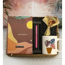 PremiumPort Kişiye Özel Desenli Defter, Roller Kalem, Baskılı Kupa ve El Yapımı Çiçek Seti