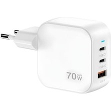 70W Hızlı Şarj Adaptörü, 3 Port (2x Usb-C + Usb-A), Akıllı Çip Korumalı, Uyumlu