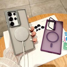 Galaxy S24 Ultra Kılıf Krom Mika Kamera Lens Hediyeli Kapak Arkası Mat Mıknatıs Şarjlı Kılıf Metal Standlı Kamera Korumalı S24 Ultra Lens (S24 Ultra Siyah Kılıf)