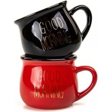 2'li Görünümlü Porselen Kupa Seti Good Morning Yazılı 150 Ml,kırmızı & Siyah