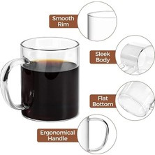Borosilikat Cam 6'lı Kupa Seti, Ergonomik Saplı, Düz Tabanlı, Pürüzsüz Kenarlı, Ince Tasarımlı, Içecekler Için, 200ML