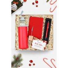 PremiumPort Kırmızı Matara, Ahşap Not Tutucu, Tükenmez Kalem ve Mini Not Defteri Seti