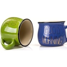 2'li Görünümlü Porselen Kupa Seti Good Morning Yazılı 150 Ml,lacivert & Yeşil
