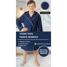 Layvera Çocuk Bornoz | %100 Pamuklu-Lacivert-Yumuşak Doku-Kapüşonlu-Cepli-Biyeli