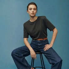 Poupee Vatkalı Antrasit T-Shirt, Omzu Vatkalı Kadın T-Shirt, Pamuklu Penye T-Shirt