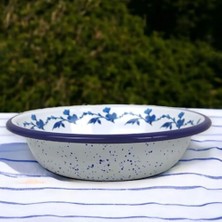 Inci Emaye Kase, Çukur Tabak, Çorba Kasesi, Yemek Tabağı 20 cm (Mavi-Gül Motifli)