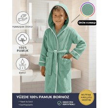 Layvera Çocuk Bornoz | %100 Pamuklu-Mint Yeşil-Yumuşak Doku-Kapüşonlu-Cepli-Biyeli