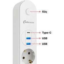 2 Usb+Type-C Akım Çocuk Korumalı 4lü Priz 2mt Beyaz