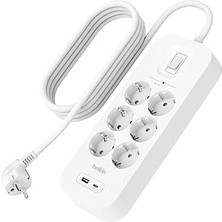 6'lı Çoklu Priz, Yüksek Gerilim Korumalı, Duvara Montaj, 6 Priz, 2 M Güç Kablosu, Yeşil Işıklı Gösterge, Hızlı Şarj Için Usb-C ve Usb-A Bağlantısı; 650 Jul Koruma