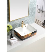 Harmeh Prag 3002 Desenli Tezgah Üstü Kare Lavabo 48X38X14CM – Beyaz Iç Hazne / Siyah Gold Desen