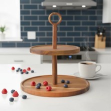 Doğal Akasya Ağacından Ahşap 2 Katlı Kurabiyelik ve Servis Tabağı | Sunum Standı | Çap: 18 Cm, Yükseklik: 25 cm | Doğal ve Şık
