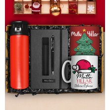 PremiumPort Yılbaşı Temalı Cam Matara, Kupa, Defter, Deri Kılıflı Touch Pen ve Kart